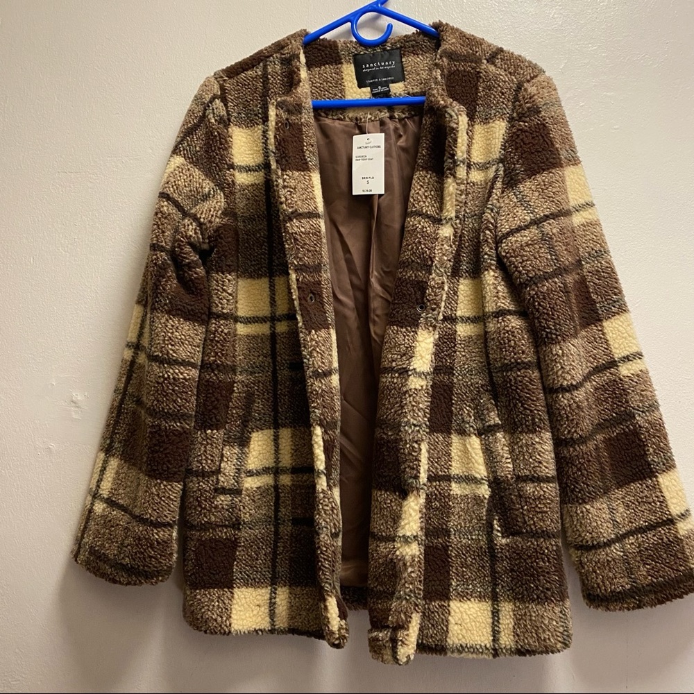 Sanctuary Plush Brown Plaid Snap Teddy Coat